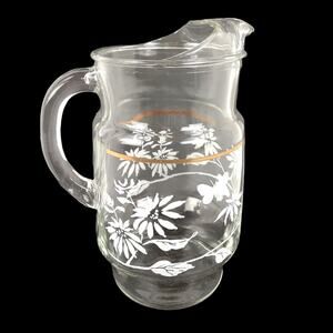 Vintage Mid-Century Butterfly & Flower 2qt Glass Pitcher w/ Ice Lip, Gold Stripe